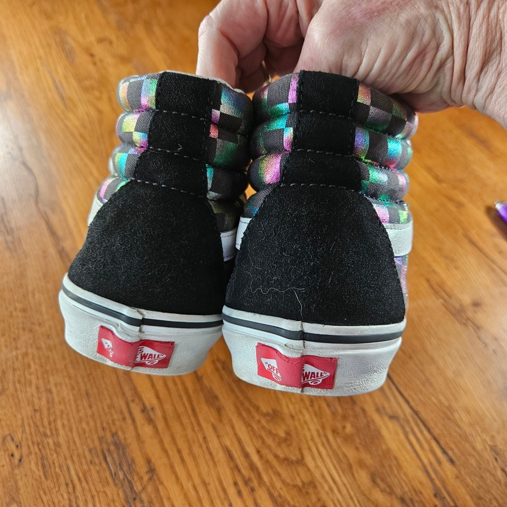Vans Sk8-Hi Rainbow Iridescent Checkered High‎ Top Sneakers Black Suede Womens 7 - Picture 7 of 9